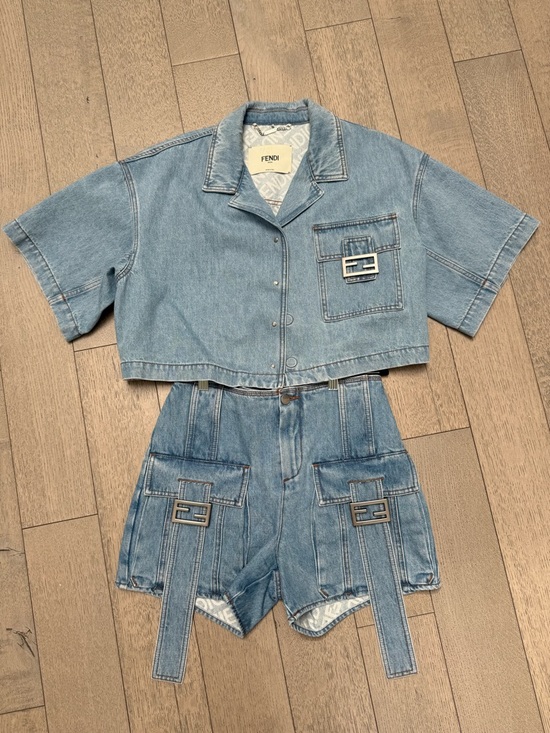 Fendi Pants - Fendi Light Blue Denim Cropped Shirt and High-Waist Shorts Set